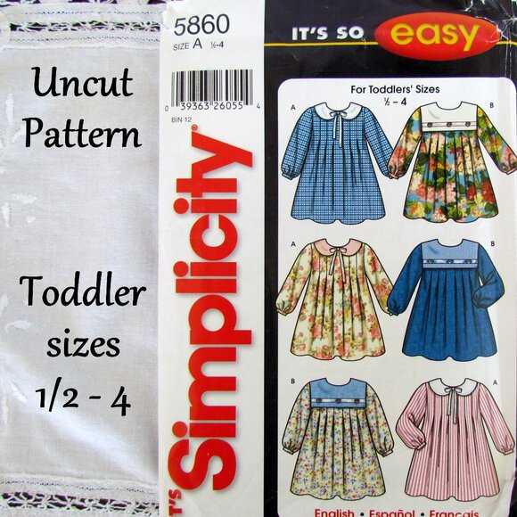 GIRL'S DRESS PATTERN, Sz 1/2 - 4 TODDLER - SIMPLICITY 5860 UNCUT, NWT FOR SEWING - Picture 2 of 5